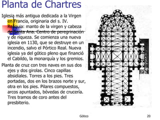 Planta de Chartres Iglesia más antigua dedicada a la Virgen en Francia, originaria del s. IV. Reliquia: manto de la virgen y cabeza de Santa Ana. Centro de peregrinación y de riqueza. Se comienza una nueva iglesia en 1130, que se destruye en un incendio, salvo el Pórtico Real. Nueva iglesia ya del gótico pleno que financió el Cabildo, la monarquía y los gremios. Planta de cruz con tres naves en sus dos ejes y dos girolas. Cinco capillas absidiales. Torres a los pies. Tres portadas, dos en los brazos norte y sur, otra en los pies. Pilares compuestos, arcos apuntados, bóvedas de crucería. Tres tramos de coro antes del presbiterio. 