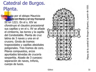 Catedral de Burgos. Planta. Construida por el obispo Mauricio formado en París y el rey Fernando III en 1221. En el s. XIV se cfonstruye el claustro procesional y sus capillas y en el s. XV se añade el cimborrio, las torres y la capilla del Condestable. Planta de cruz latina de 3 naves y una en el crucero. Girola de tramos trapezoidales y capillas absidiales poligonales. Tres tramos de coro. Pilares compuestos, arcos apuntados bóvedas de crucería sexpartita. Alzado de 3 cuerpos: separación de naves, triforio, cuerpo de luces. 