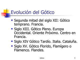 Evolución del Gótico Segunda mitad del siglo XII: Gótico temprano. Francia. Siglo XIII. Gótico Pleno. Europa Occidental. Oriente Próximo. Centro en Francia. Siglo XIV Gótico Tardío. Italia. Cataluña. Siglo XV. Gótico Florido, Flamígero o Flamenco. Flandes. 
