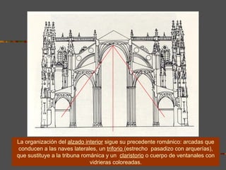 La organización del  alzado interior  sigue su precedente románico: arcadas que conducen a las naves laterales, un  triforio  (estrecho  pasadizo con arquerías), que sustituye a la tribuna románica y un  claristorio  o cuerpo de ventanales con vidrieras coloreadas. 