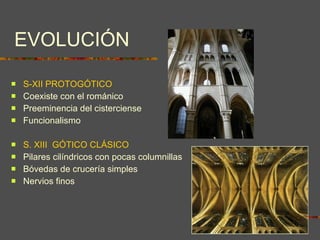 EVOLUCIÓN S-XII PROTOGÓTICO Coexiste con el románico Preeminencia del cisterciense Funcionalismo S. XIII  GÓTICO CLÁSICO Pilares cilíndricos con pocas columnillas Bóvedas de crucería simples Nervios finos 