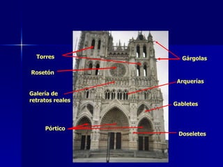 Rosetón Torres Gabletes Gárgolas Doseletes Pórtico Galería de retratos reales Arquerías 