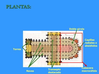 PLANTAS:
Doble girola
Capillas
radiales o
absidiolos
Cabecera
macrocéfala
Transepto
destacado
Naves
Torres
 