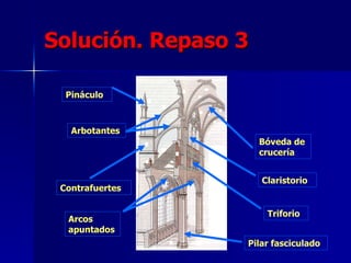 Solución. Repaso 3 Bóveda de crucería Claristorio Contrafuertes Arbotantes Pináculo Triforio Arcos apuntados Pilar fasciculado 