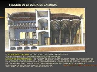 SECCIÓN DE LA LONJA DE VALENCIA EL   CONSULADO DEL MAR   ESTÁ CONSTITUIDO POR TRES PLANTAS QUE SE ABREN AL EXTERIOR EN HERMOSOS VENTANALES;   LA SALA DE CONTRATACIÓN  ,  DE PLANTA DE SALÓN, ESTÁ DIVIDIDA POR 8 PILARES EXENTOS EN 3 TRAMOS LONGITUDINALES Y 5 TRANSVERSALES. LOS PILARES SE ELEVAN HASTA 16 M. Y, EN COLABORACIÓN CON LAS 16 COLUMNAS EMBEBIDAS EN LOS MUROS LATERALES, SOSTIENEN LA COMPLEJA BÓVEDA DE CRUCERÍA . 