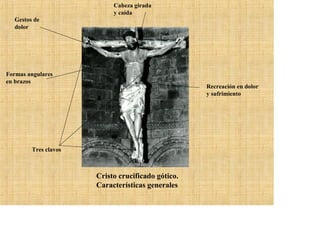Cabeza girada
                           y caída
  Gestos de
  dolor




Formas angulares
en brazos
                                                   Recreación en dolor
                                                   y sufrimiento




        Tres clavos



                      Cristo crucificado gótico.
                      Características generales
 