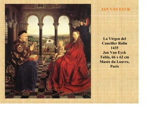 JAN VAN EYCK




 La Virgen del
 Canciller Rolin
      1435
 Jan Van Eyck
Tabla, 66 x 62 cm
Musée du Louvre,
      Paris
 
