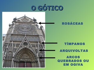 O GÓTICO

       ROSÁCEAS




           TÍMPANOS

       ARQUIVOLTAS

         ARCOS
      QUEBRADOS OU
        EM OGIVA
 