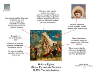 Claseshistoria
Historia del Arte
© 2006 Guillermo Méndez Zapata
Huida a Egipto.
Giotto. Escuela de Florencia
S. XIV. Trecento italiano.
La arquitectura gótica italiana se
caracteriza por abrir
pocos vanos lo que
posibilita tener amplios
muros que decoran con
pinturas al fresco
Intento de crear espacio
unitario: luz natural,
aparecen paisajes (aunque muy
esquematizados y sin guardar
fielmente las proporciones) que
sustituyen los fondos dorados
de tradición bizantina
Gradación en
las tonalidades de
color
Mayor corporeidad de
volúmenes: cuerpos con
amplias túnicas dotados
de cierta grandiosidad
Canon más natural,
con estudio anatómico
y abandono de estilización
bizantinaDiversidad de actitudes
y gestos para expresar
estados de ánimos
Resabios bizantinos:
rostros ovalados, nimbos
dorados, ojos almendrados
Se eliminan detalles
superfluos meramente
decorativos
 
