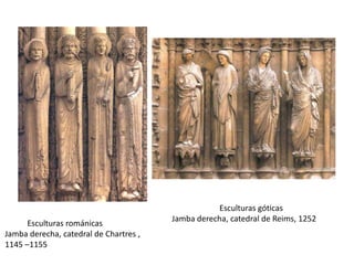 Esculturas góticas
Jamba derecha, catedral de Reims, 1252
Esculturas románicas
Jamba derecha, catedral de Chartres ,
1145 –1155
 