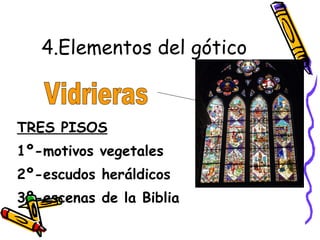 4.Elementos del gótico TRES PISOS 1º-motivos vegetales 2º-escudos heráldicos 3º-escenas de la Biblia Vidrieras 