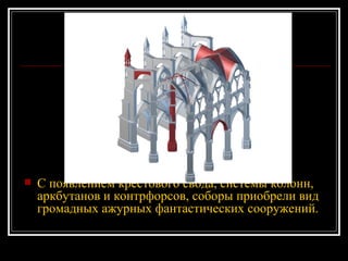 C появлением крестового свода, системы колонн, аркбутанов и контрфорсов, соборы приобрели вид громадных ажурных фантастических сооружений.   