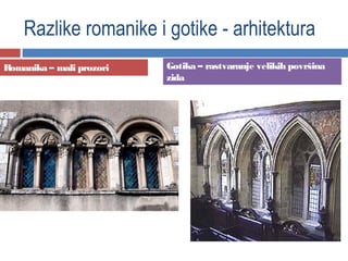 Razlike romanike i gotike - arhitektura
Romanika – mali prozori   Gotika – rastvaranje velikih površina
                          zida
 