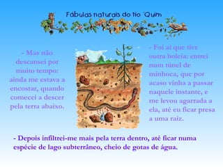- Mas não
descansei por
muito tempo:
ainda me estava a
encostar, quando
comecei a descer
pela terra abaixo.
- Foi aí que tive
outra boleia: entrei
num túnel de
minhoca, que por
acaso vinha a passar
naquele instante, e
me levou agarrada a
ela, até eu ficar presa
a uma raiz.
- Depois infiltrei-me mais pela terra dentro, até ficar numa
espécie de lago subterrâneo, cheio de gotas de água.
 