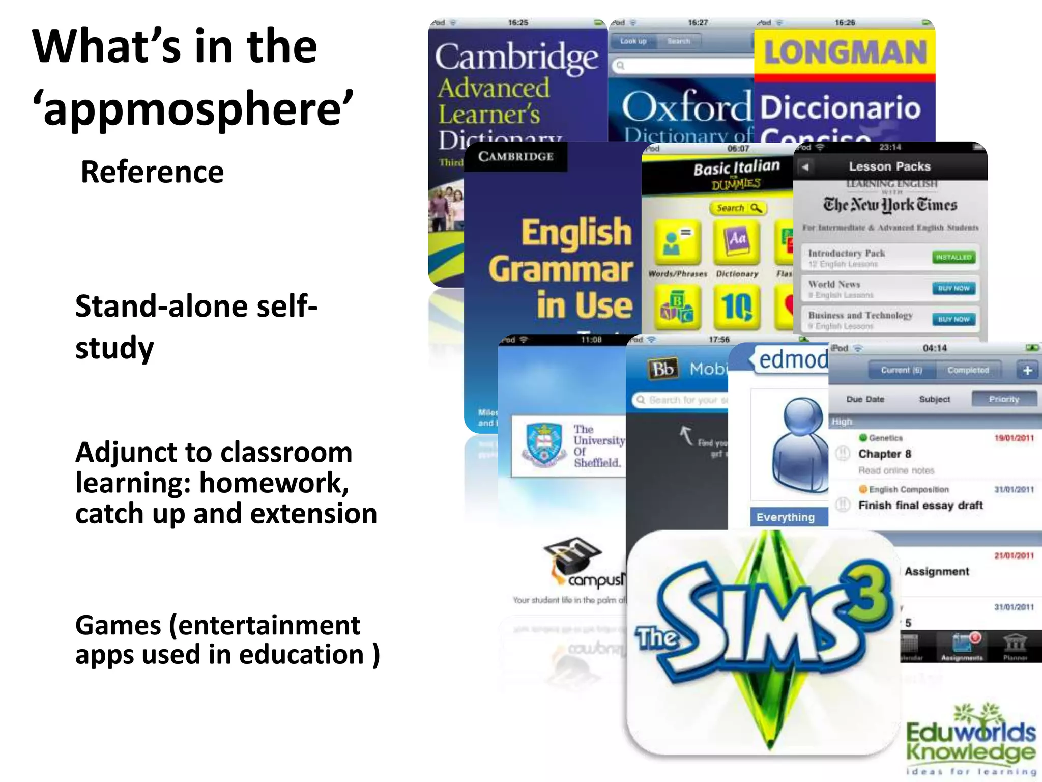 What’s in the
‘appmosphere’
Stand-alone self-
study
Adjunct to classroom
learning: homework,
catch up and extension
Games (entertainment
apps used in education )
Reference
 