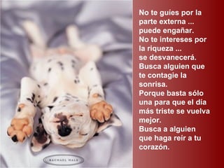No te guíes por la
parte externa ...
puede engañar.
No te intereses por
la riqueza ...
se desvanecerá.
Busca alguien que
te contagie la
sonrisa.
Porque basta sólo
una para que el día
más triste se vuelva
mejor.
Busca a alguien
que haga reír a tu
corazón.
 