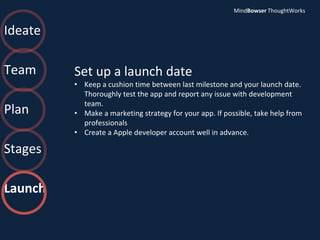 Ideate
Team
Plan
Stages
Launch
Set up a launch date
• Keep a cushion time between last milestone and your launch date.
Thoroughly test the app and report any issue with development
team.
• Make a marketing strategy for your app. If possible, take help from
professionals
• Create a Apple developer account well in advance.
MindBowser ThoughtWorks
 