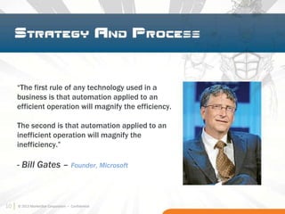 10
“The first rule of any technology used in a
business is that automation applied to an
efficient operation will magnify the efficiency.
The second is that automation applied to an
inefficient operation will magnify the
inefficiency.”
- Bill Gates – Founder, Microsoft
© 2013 MarketStar Corporation – Confidential10
 