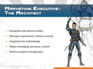 18 © 2013 MarketStar Corporation – Confidential
 Evangelist and alliance builder
 Manages expectations, defines success
 Integrates the methodology
 Aligns messaging, personas, content
 Refines program through data
18
 