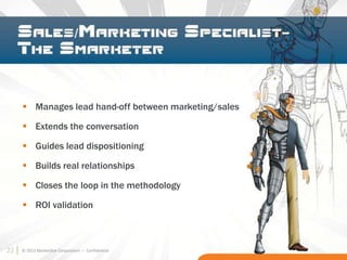 22 © 2013 MarketStar Corporation – Confidential
 Manages lead hand-off between marketing/sales
 Extends the conversation
 Guides lead dispositioning
 Builds real relationships
 Closes the loop in the methodology
 ROI validation
22
 