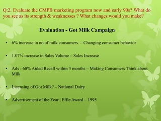 Q:2. Evaluate the CMPB marketing program now and early 90s? What do
you see as its strength & weaknesses ? What changes would you make?

                  Evaluation - Got Milk Campaign

 • 6% increase in no of milk consumers. – Changing consumer behavior

 • 1.07% increase in Sales Volume – Sales Increase

 • Ads - 60% Aided Recall within 3 months – Making Consumers Think about
   Milk

 • Licensing of Got Milk? – National Dairy

 • Advertisement of the Year | Effie Award – 1995
 