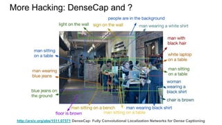 More Hacking: DenseCap and ?
http://arxiv.org/abs/1511.07571 DenseCap: Fully Convolutional Localization Networks for Dense Captioning
 