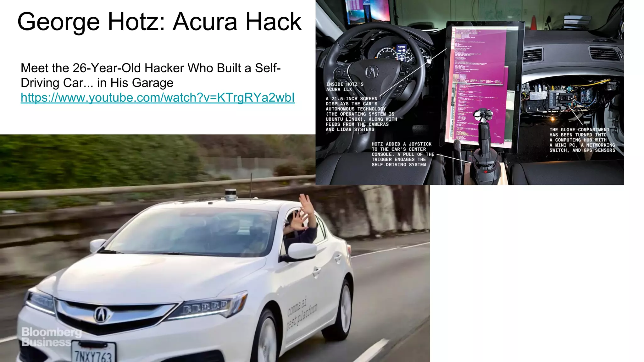 George Hotz: Acura Hack
Meet the 26-Year-Old Hacker Who Built a Self-
Driving Car... in His Garage
https://www.youtube.com/watch?v=KTrgRYa2wbI
 