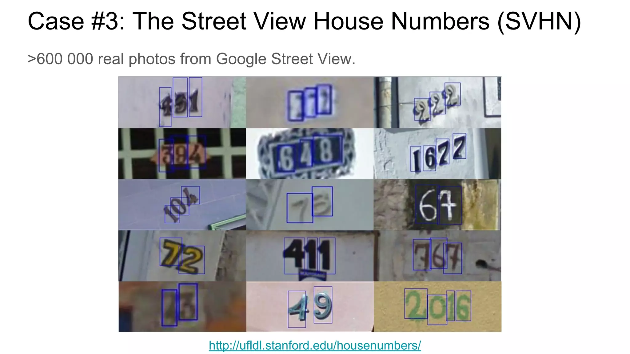 http://ufldl.stanford.edu/housenumbers/
>600 000 real photos from Google Street View.
Case #3: The Street View House Numbers (SVHN)
 