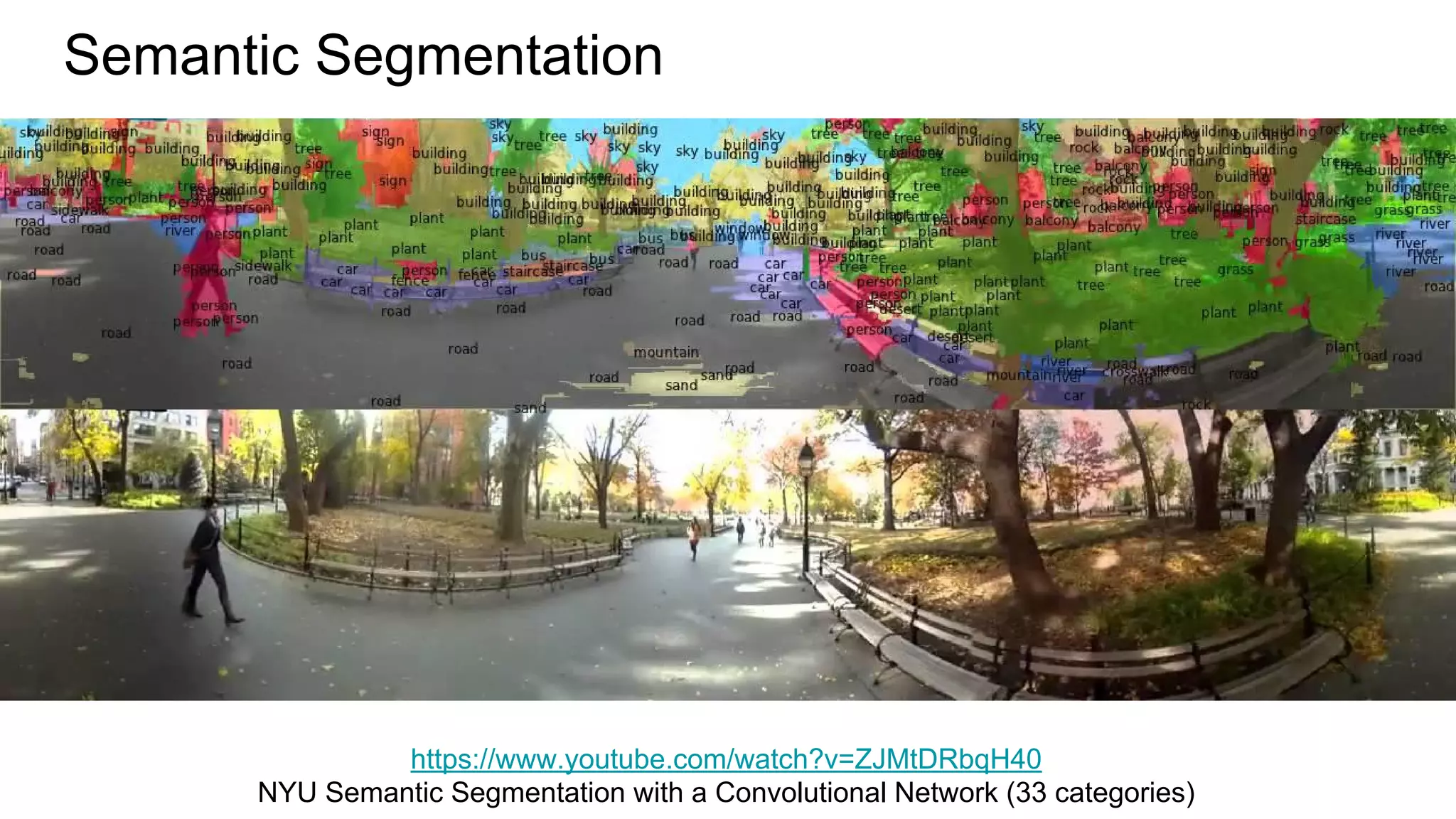 https://www.youtube.com/watch?v=ZJMtDRbqH40
NYU Semantic Segmentation with a Convolutional Network (33 categories)
Semantic Segmentation
 
