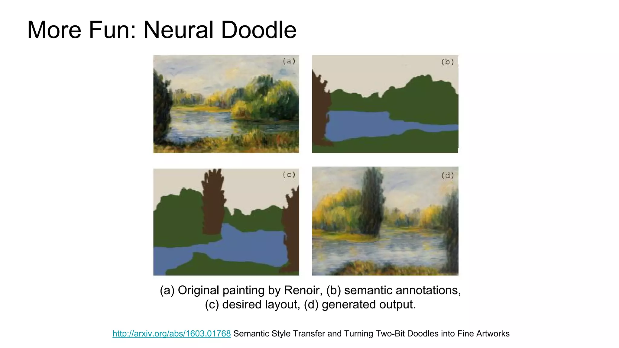 More Fun: Neural Doodle
http://arxiv.org/abs/1603.01768 Semantic Style Transfer and Turning Two-Bit Doodles into Fine Artworks
(a) Original painting by Renoir, (b) semantic annotations,
(c) desired layout, (d) generated output.
 
