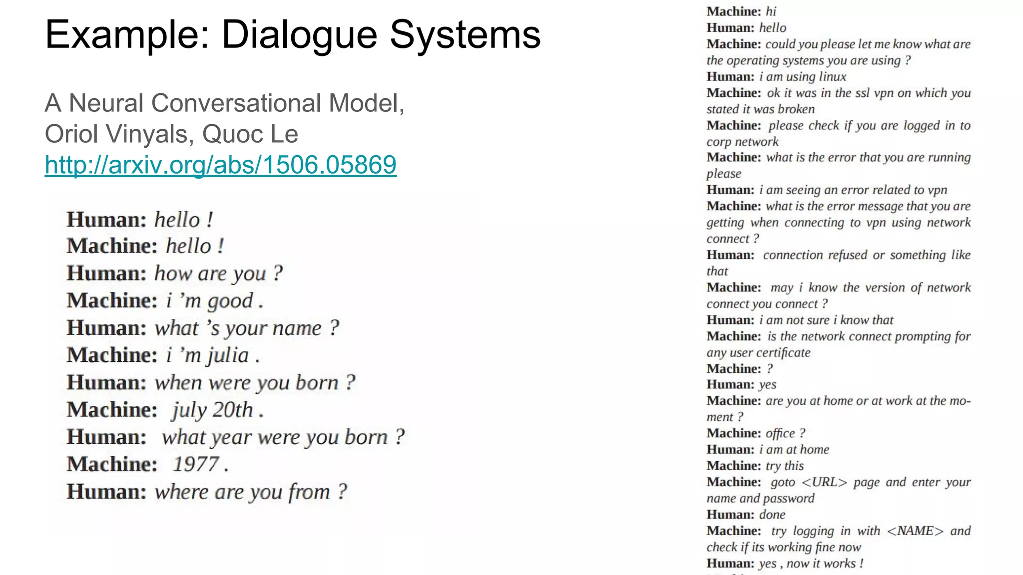 Example: Dialogue Systems
A Neural Conversational Model,
Oriol Vinyals, Quoc Le
http://arxiv.org/abs/1506.05869
 