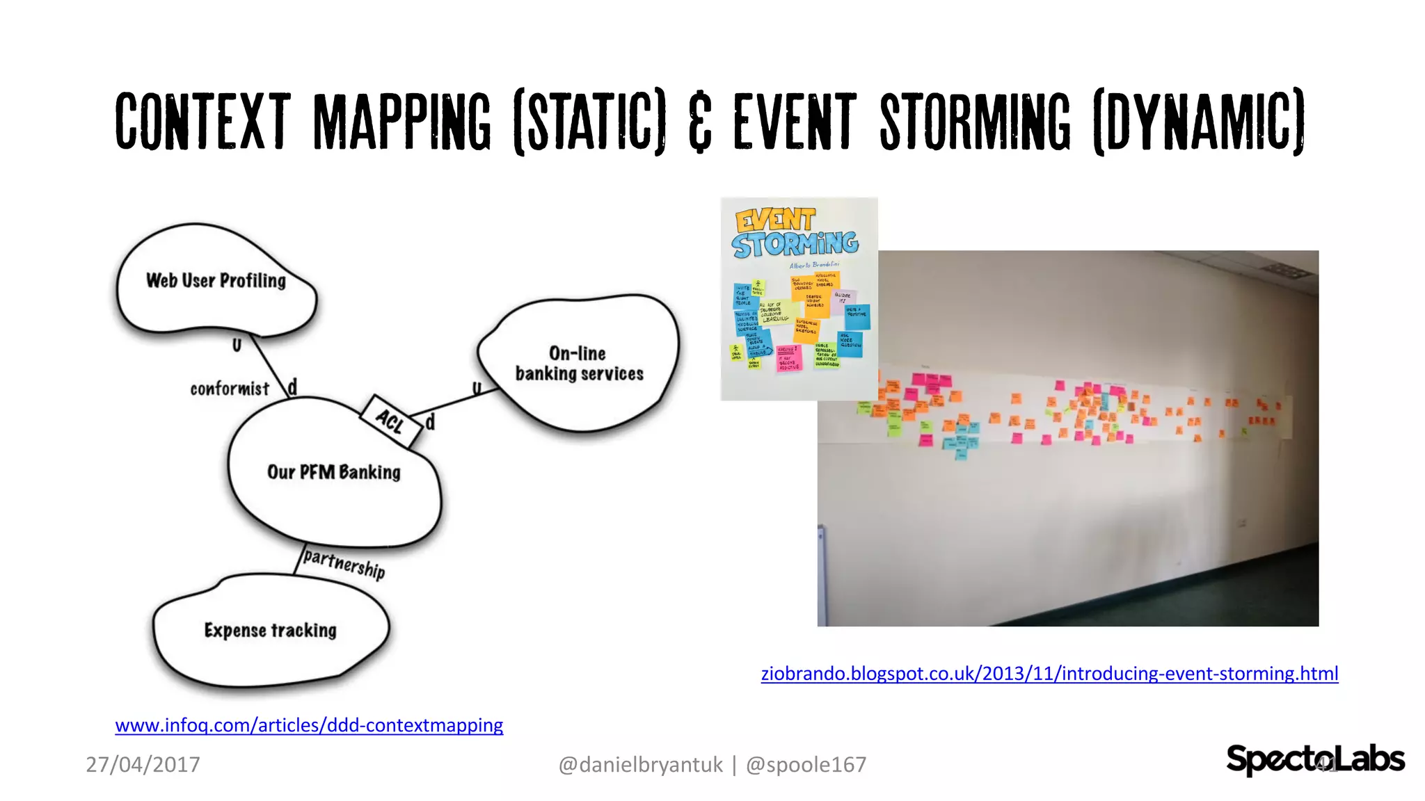 Context mapping (static) & event storming (dynamic)
27/04/2017 @danielbryantuk	|	@spoole167 41
www.infoq.com/articles/ddd-contextmapping
ziobrando.blogspot.co.uk/2013/11/introducing-event-storming.html
 
