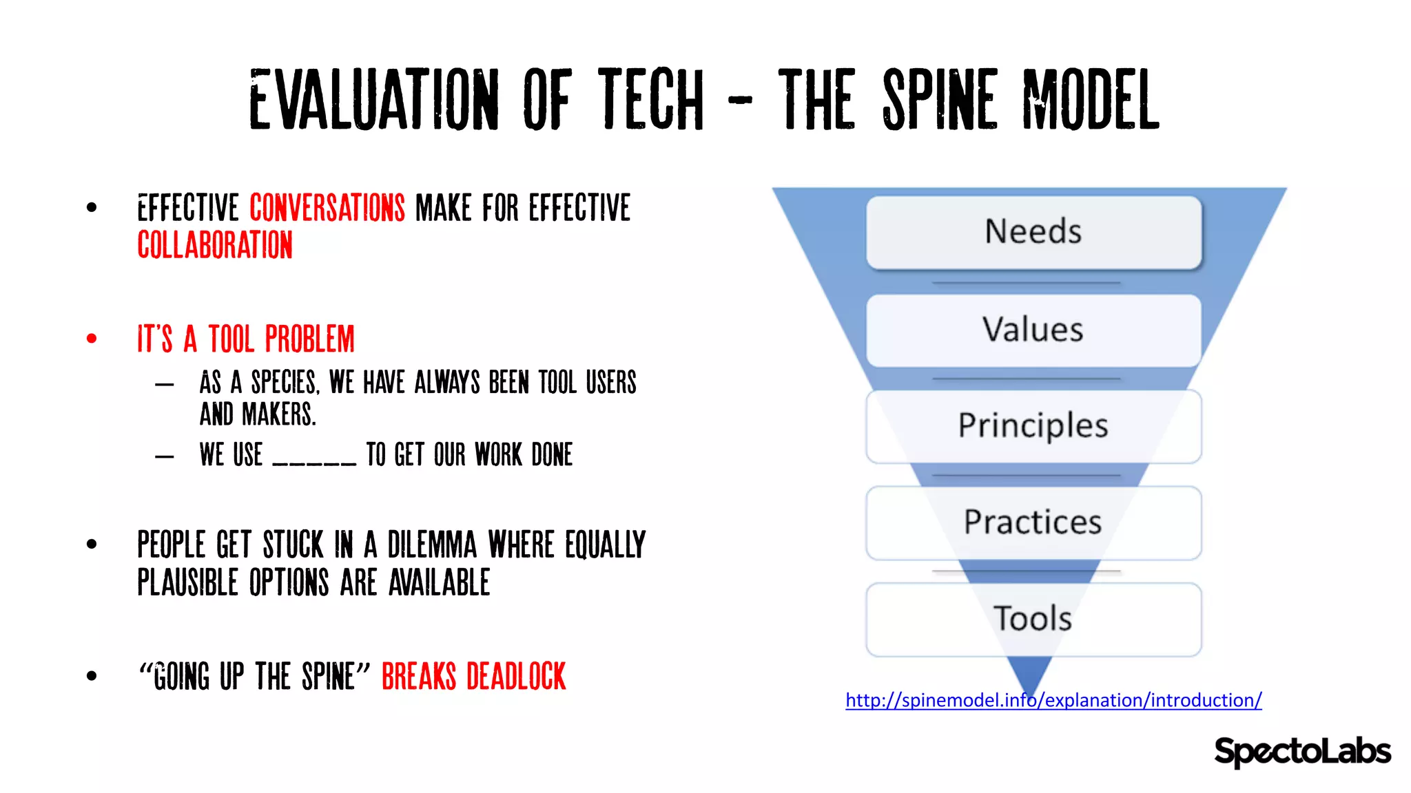 Evaluation of tech - The’Spine Model
• Effective conversations make for effective
collaboration
• It's a TOOL Problem
– As a species, we have always been Tool users
and makers.
– We use _____ to get our work done
• People get stuck in a dilemma where equally
plausible options are available
• “Going up the Spine” breaks deadlock http://spinemodel.info/explanation/introduction/
 