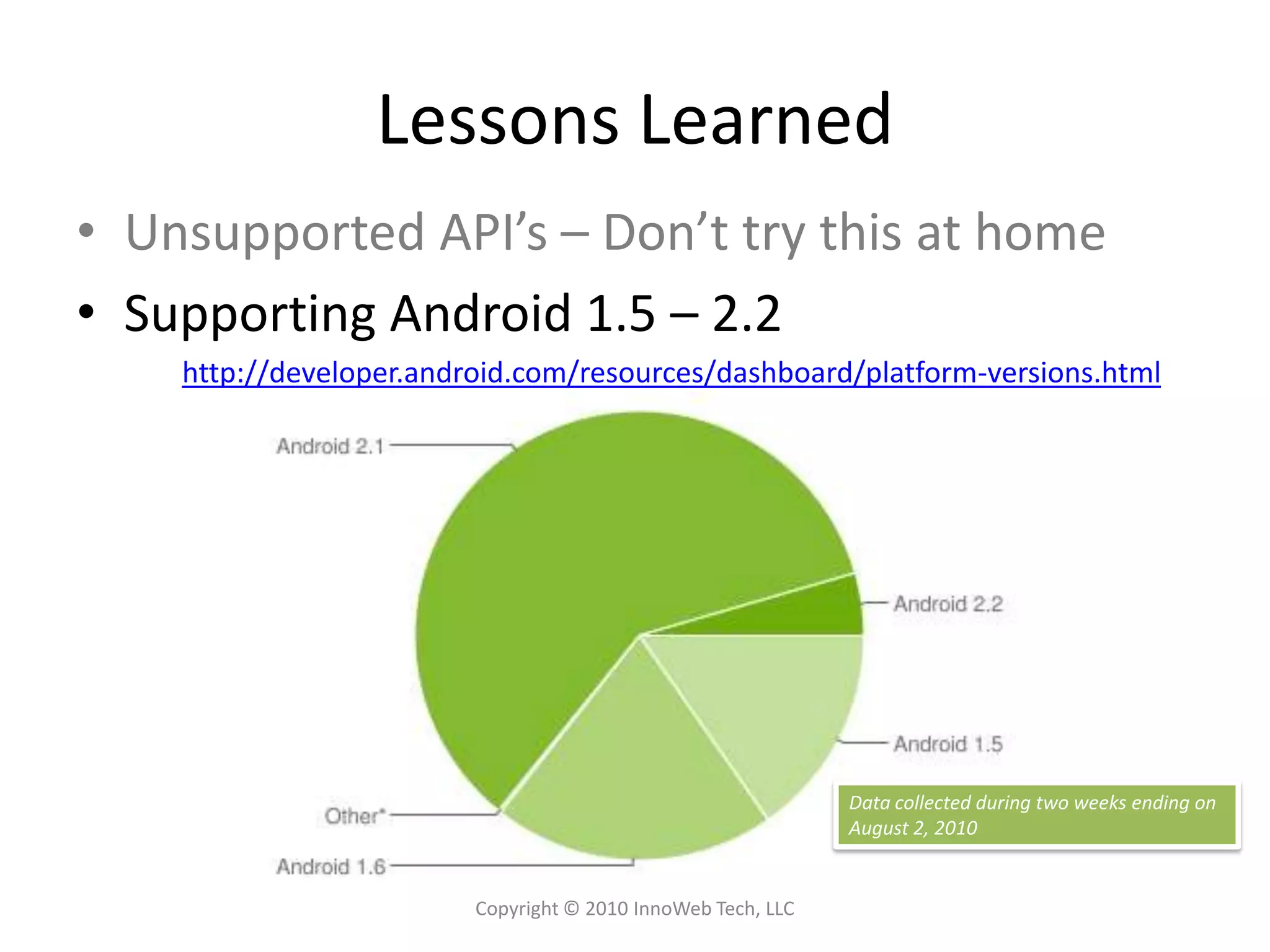 Lessons LearnedUnsupported API’s – Don’t try this at homeSupporting Android 1.5 – 2.2Copyright © 2010 InnoWeb Tech, LLChttp://developer.android.com/resources/dashboard/platform-versions.htmlData collected during two weeks ending on August 2, 2010