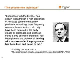 “The postmortem technique”


     “Experience with the EDSAC has
     shown that although a high proportion
     of mistak...