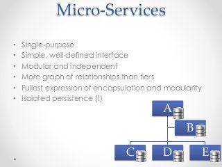Micro-Services 
• Single-purpose 
• Simple, well-defined interface 
• Modular and independent 
• More graph of relationshi...