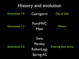 History and evolution
Generation 1.0   Cairngorm       Out of date


                 PureMVC
Generation 1.5              ...
