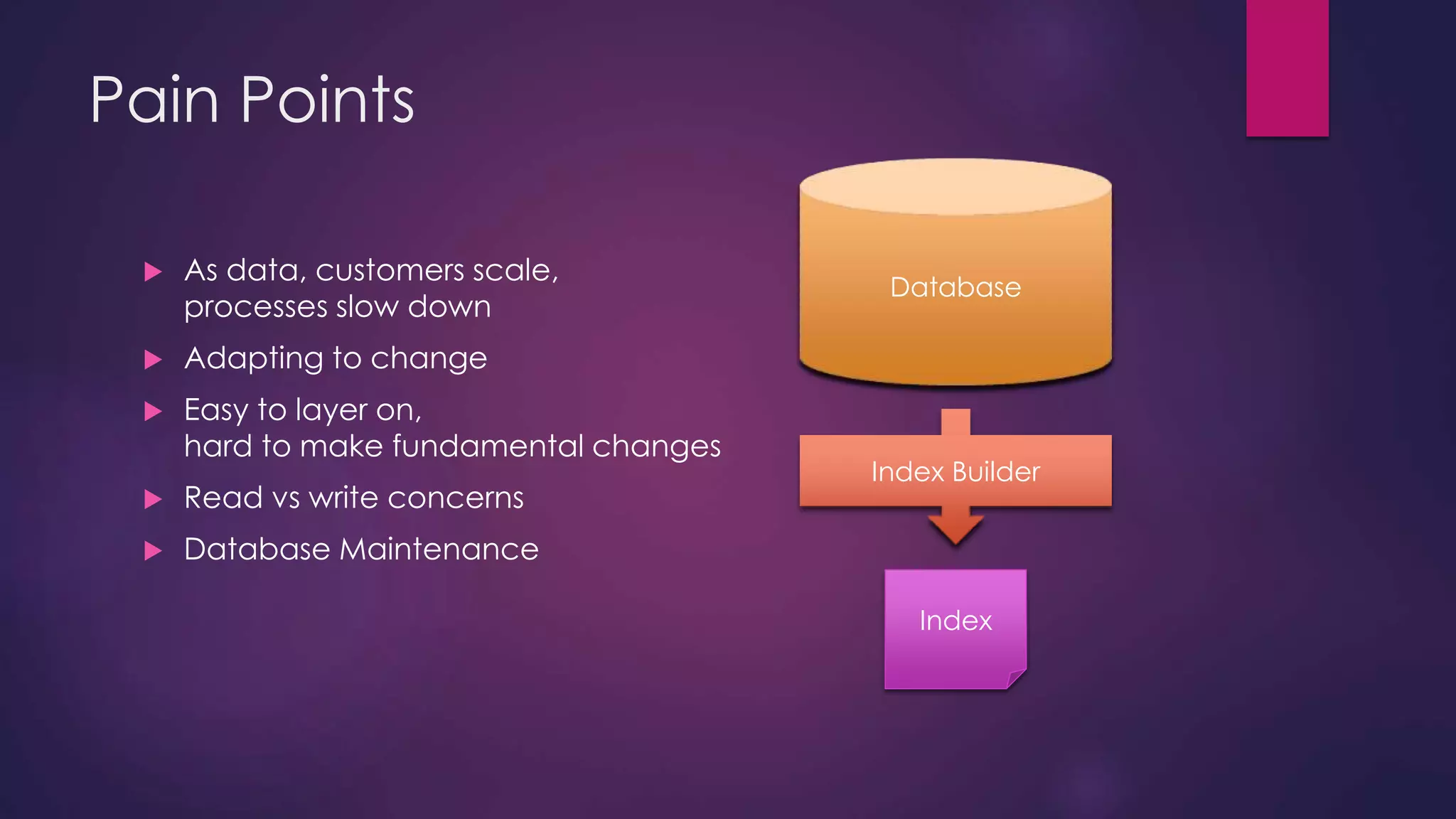 Pain Points  As data, customers scale, processes slow down  Adapting to change  Easy to layer on, hard to make fundamental changes  Read vs write concerns  Database Maintenance Database Index Builder Index 