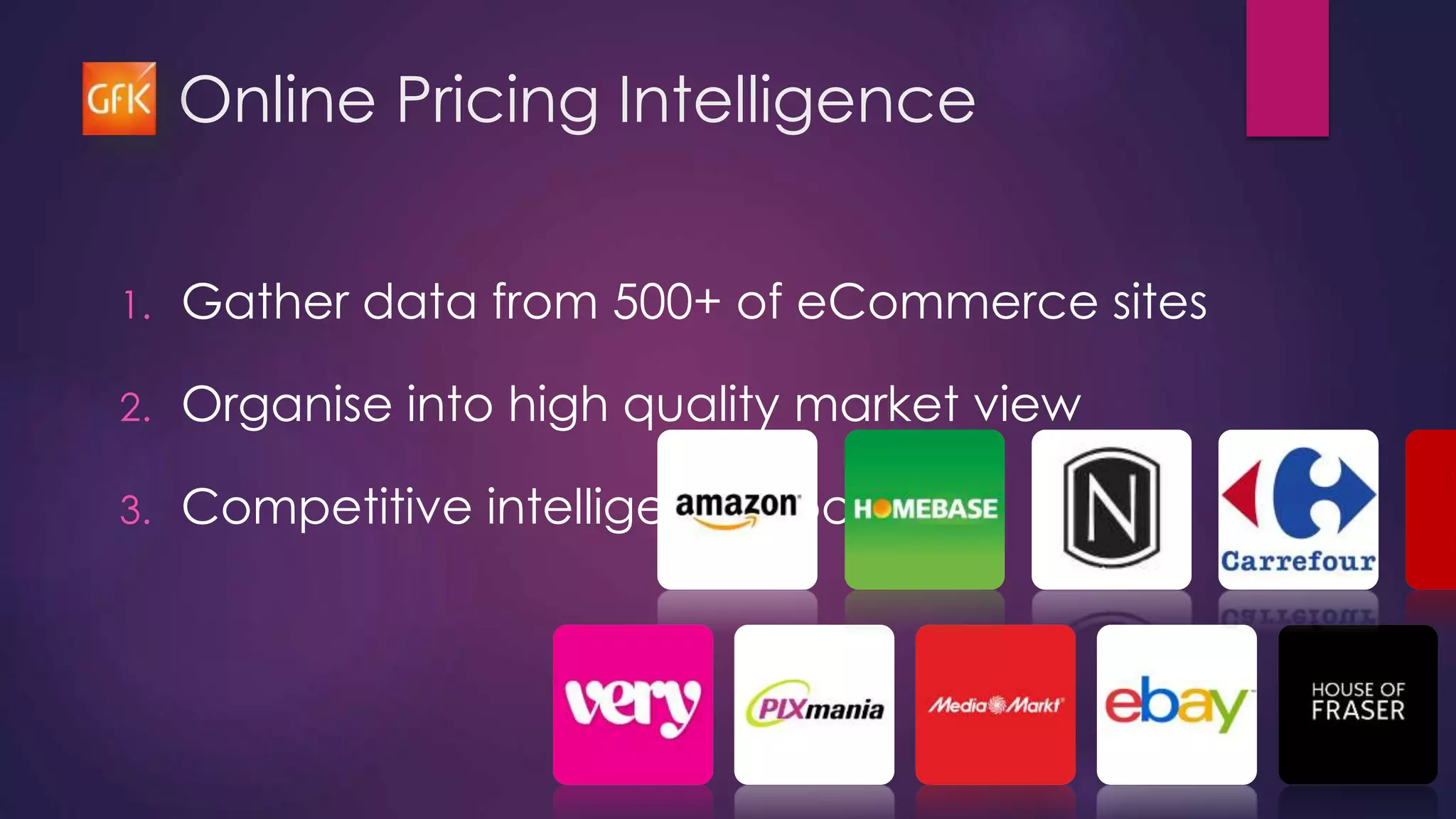 Online Pricing Intelligence 1. Gather data from 500+ of eCommerce sites 2. Organise into high quality market view 3. Competitive intelligence tools 