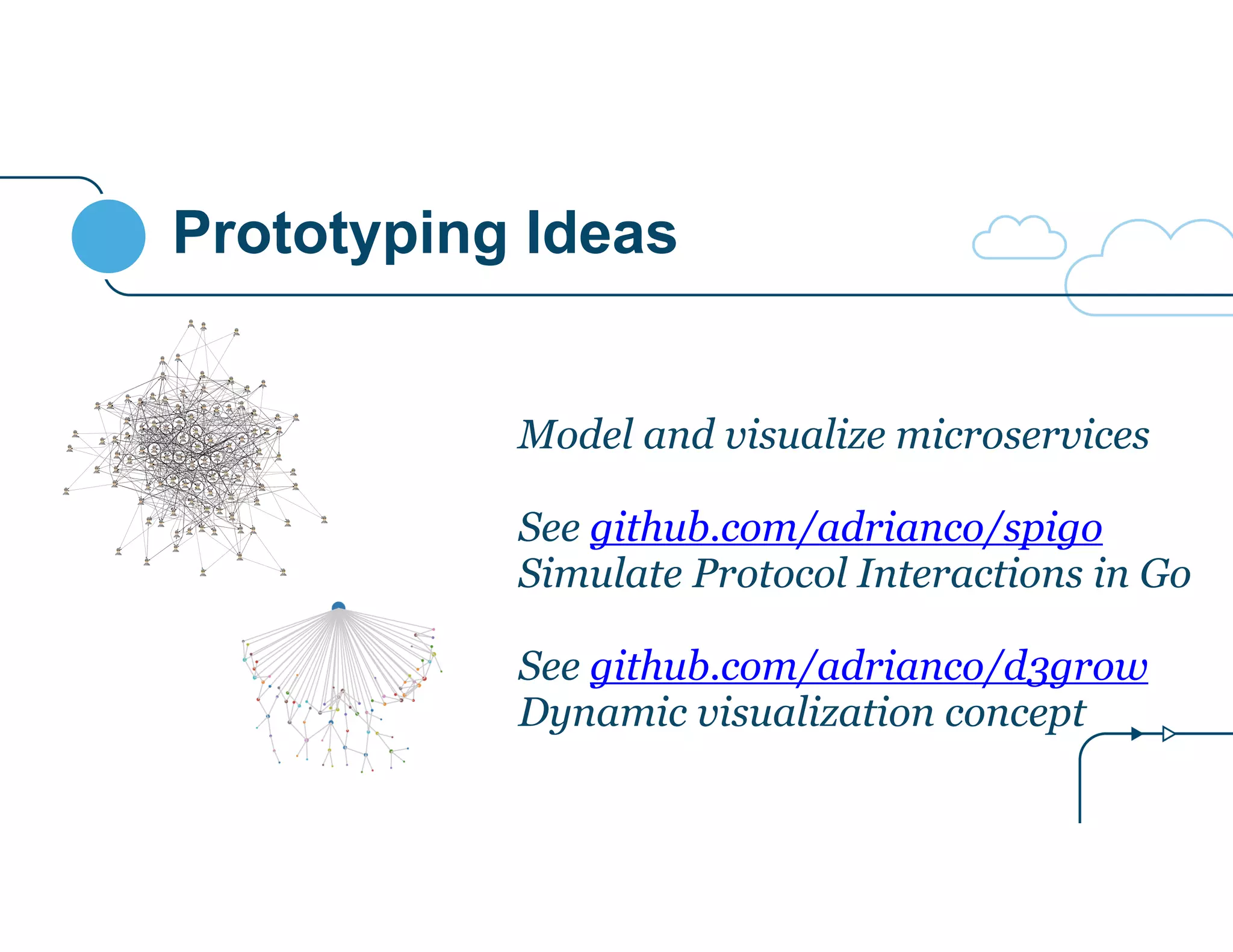 Prototyping Ideas
Model and visualize microservices
!
See github.com/adrianco/spigo
Simulate Protocol Interactions in Go
!
See github.com/adrianco/d3grow
Dynamic visualization concept
 