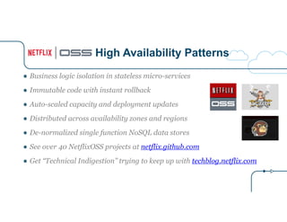 High Availability Patterns
● Business logic isolation in stateless micro-services
● Immutable code with instant rollback
●...