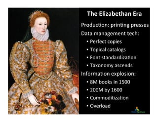 Copyright	
  Third	
  Nature,	
  Inc.	
  
The	
  Elizabethan	
  Era	
  
ProducDon:	
  prinDng	
  presses	
  
Data	
  manag...