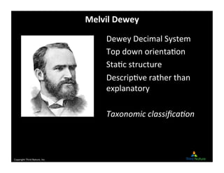 Copyright	
  Third	
  Nature,	
  Inc.	
  
Melvil	
  Dewey	
  
Dewey	
  Decimal	
  System	
  
Top	
  down	
  orientaDon	
  ...