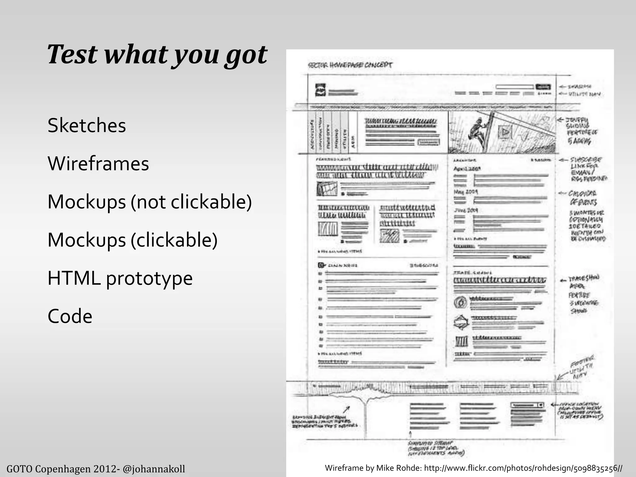 Test what you got

       Sketches
       Wireframes
       Mockups (not clickable)
       Mockups (clickable)
       HTML prototype
       Code




GOTO Copenhagen 2012- @johannakoll   Wireframe by Mike Rohde: http://www.flickr.com/photos/rohdesign/5098835256//
 