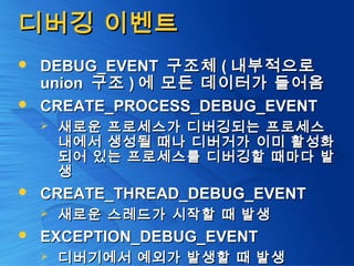 디버깅 이벤트디버깅 이벤트
 DEBUG_EVENTDEBUG_EVENT 구조체구조체 (( 내부적으로내부적으로
unionunion 구조구조 )) 에 모든 데이터가 들어옴에 모든 데이터가 들어옴
 CREATE_PROCESS_DEBUG_EVENTCREATE_PROCESS_DEBUG_EVENT
 새로운 프로세스가 디버깅되는 프로세스새로운 프로세스가 디버깅되는 프로세스
내에서 생성될 때나 디버거가 이미 활성화내에서 생성될 때나 디버거가 이미 활성화
되어 있는 프로세스를 디버깅할 때마다 발되어 있는 프로세스를 디버깅할 때마다 발
생생
 CREATE_THREAD_DEBUG_EVENTCREATE_THREAD_DEBUG_EVENT
 새로운 스레드가 시작할 때 발생새로운 스레드가 시작할 때 발생
 EXCEPTION_DEBUG_EVENTEXCEPTION_DEBUG_EVENT
 디버기에서 예외가 발생할 때 발생디버기에서 예외가 발생할 때 발생
 