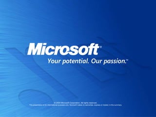 © 2004 Microsoft Corporation. All rights reserved.
This presentation is for informational purposes only. Microsoft makes no warranties, express or implied, in this summary.
 