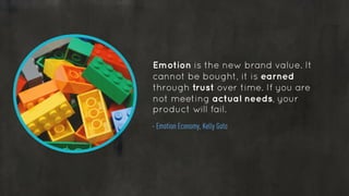Emotion is the new brand value. It
cannot be bought, it is earned
through trust over time. If you are
not meeting actual needs, your
product will fail.
!
- Emotion Economy, Kelly Goto
 