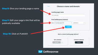 Get Your Copy
Step 8: Give your landing page a name
Step 9: Edit your page’s link that will be
publically available
Step 10: Click on Publish!!
 
