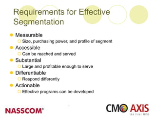 Requirements for Effective
Segmentation
 Measurable
 Size, purchasing power, and profile of segment
 Accessible
 Can be reached and served
 Substantial
 Large and profitable enough to serve
 Differentiable
 Respond differently
 Actionable
 Effective programs can be developed
 