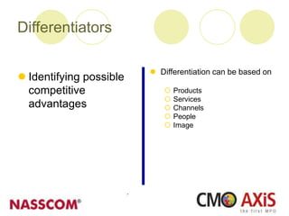  Identifying possible
competitive
advantages
 Differentiation can be based on
 Products
 Services
 Channels
 People
 Image
Differentiators
 